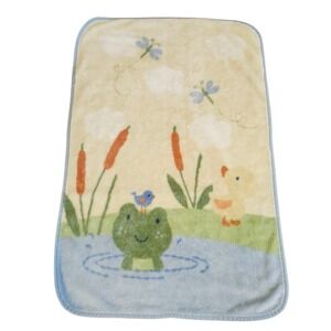 Vintage Carter's Baby Blanket Frog Pond Duck Bird Blue Green Plush Blanket